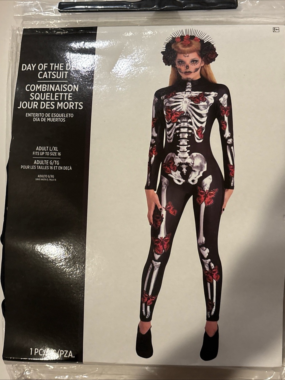 DAY OF THE DEAD CATSUIT Skeleton Halloween Adult Costume Sz L/XL NEW